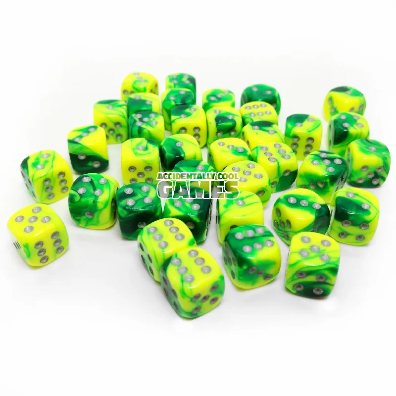 Chessex 26854 Gemini Green-Yellow/Silver 12mm d6 Dice Block [36ct]