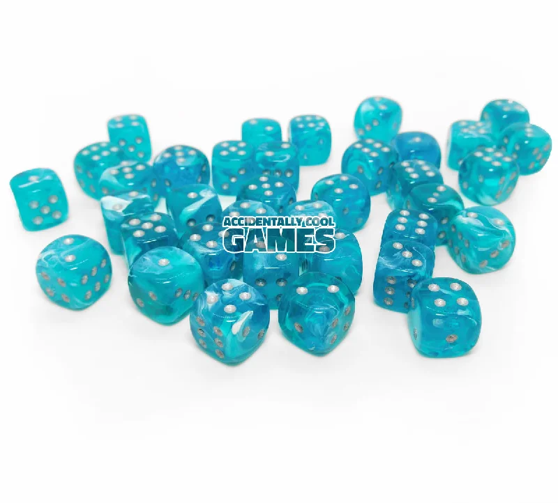 Chessex 27865 Cirrus Aqua/Silver 12mm d6 Dice Block [36ct]