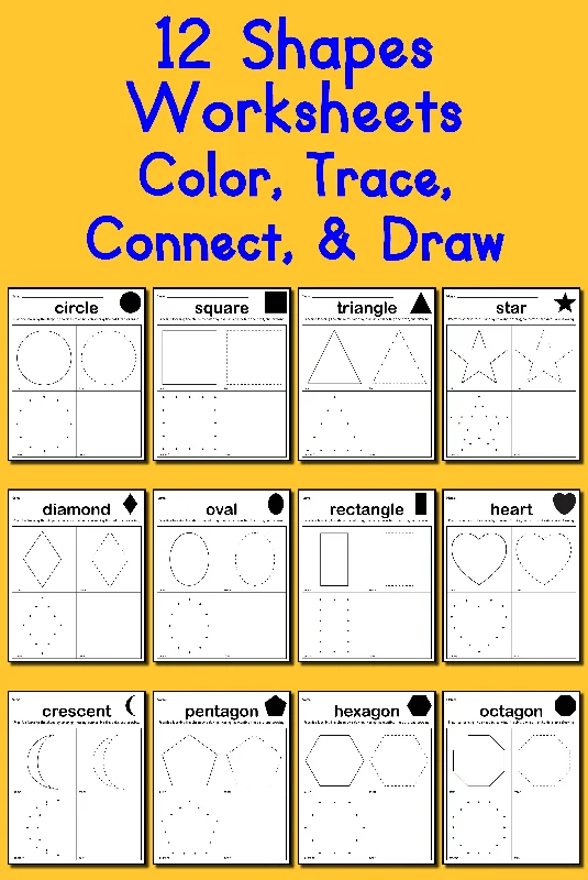 12 Shapes Worksheets: Color, Trace, Connect, & Draw!